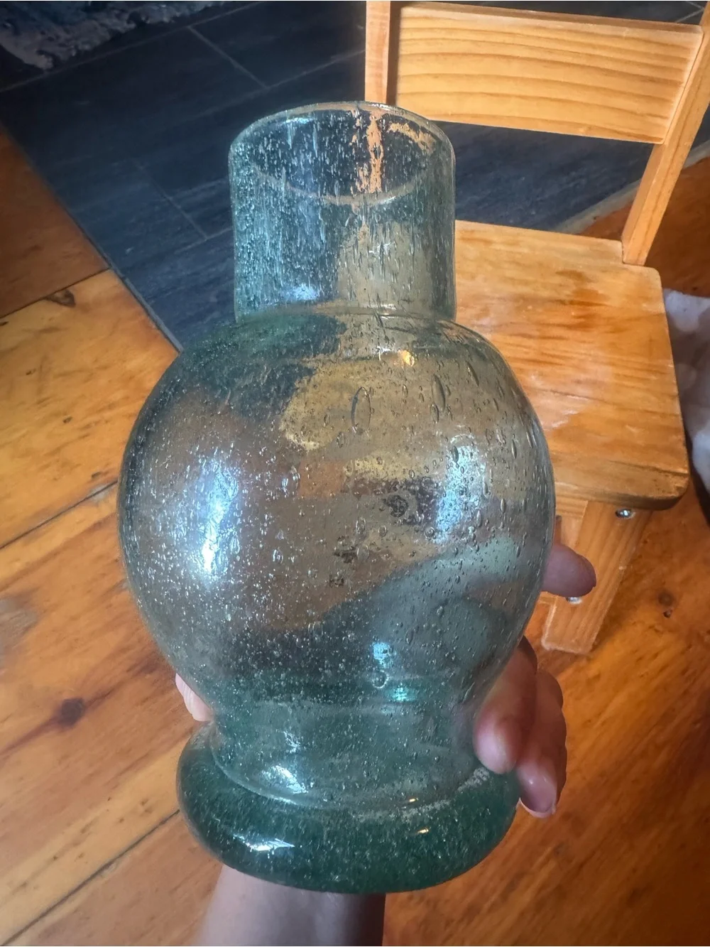 Aqua bubble glass handblown vase with boat etching very rare HTF EUC